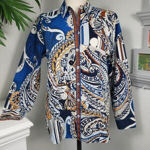 Chico's Royal Blue Navy White Rust Paisley Whimsy NO-IRON Cotton Sateen Sz O